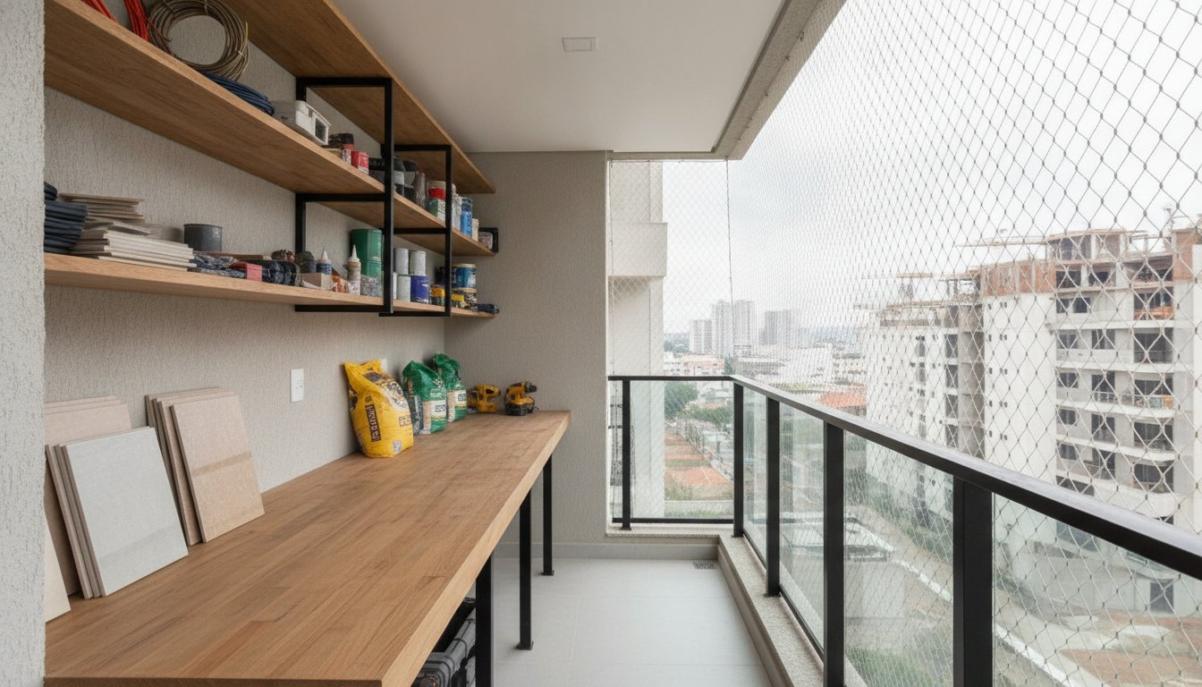 Varanda de apartamento adaptada com bancada de trabalho, prateleiras de insumos e tela de contenção.