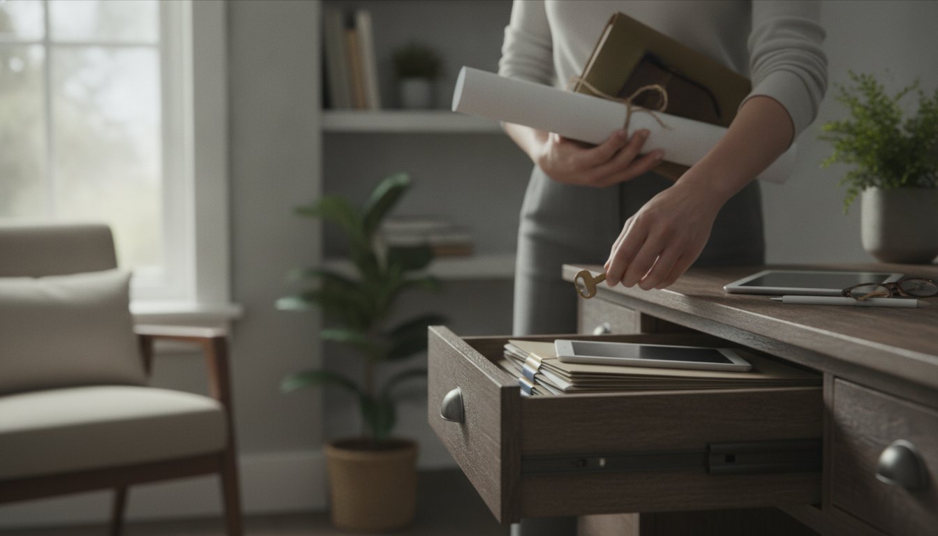 Mãe trancando uma gaveta de madeira no escritório caseiro enquanto segura materiais de trabalho.