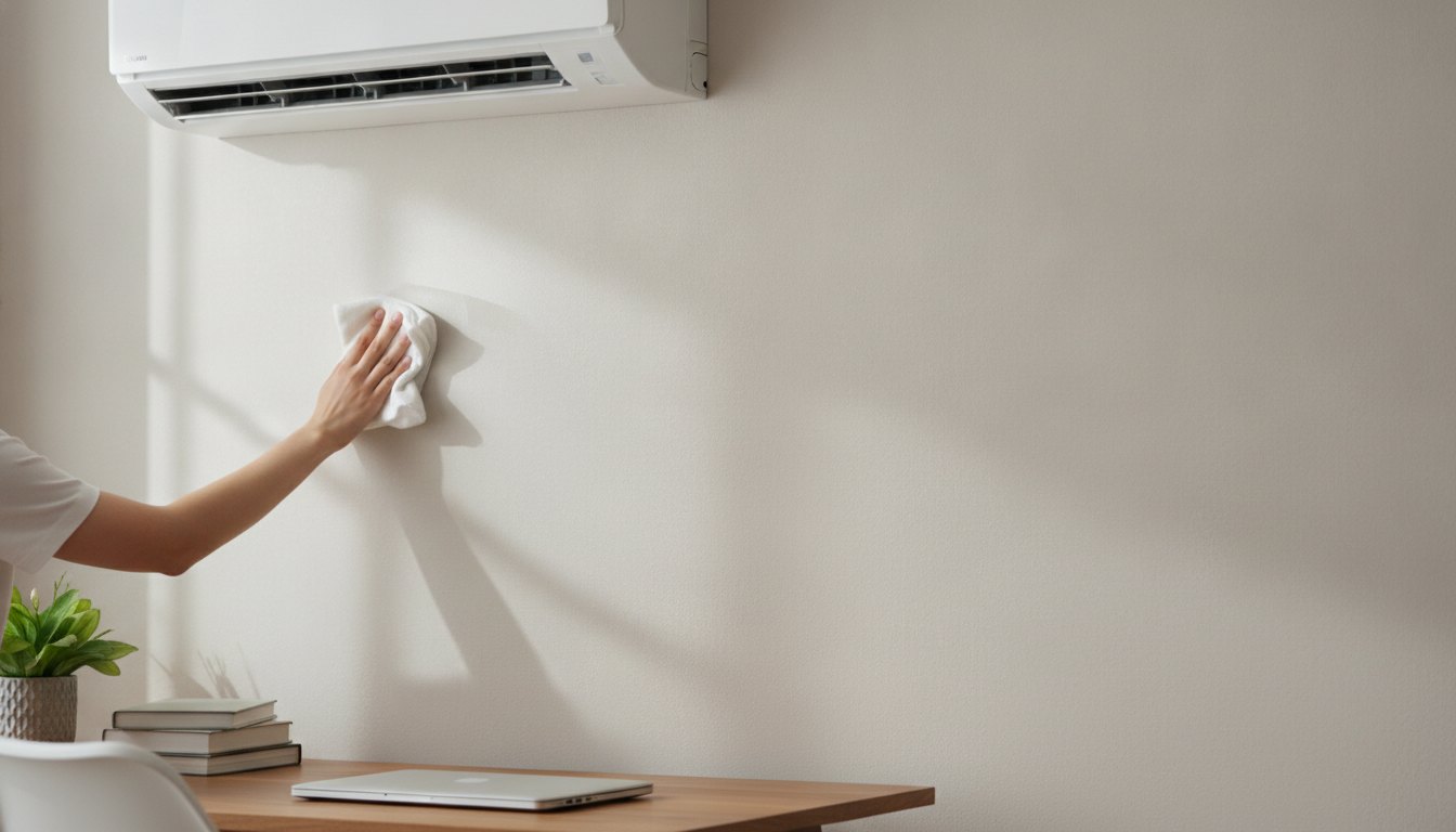 Mulher limpando o painel de um ar-condicionado branco instalado na parede do escritório em casa.