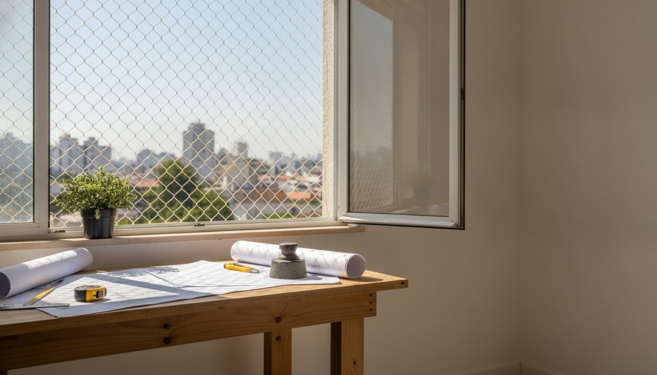 Janela de apartamento aberta com tela de proteção instalada, iluminando uma mesa de trabalho.