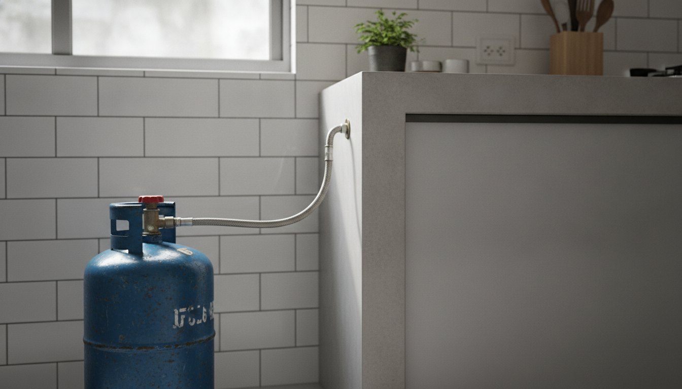 Botijão de gás conectado a uma mangueira metálica em uma cozinha com azulejos brancos.