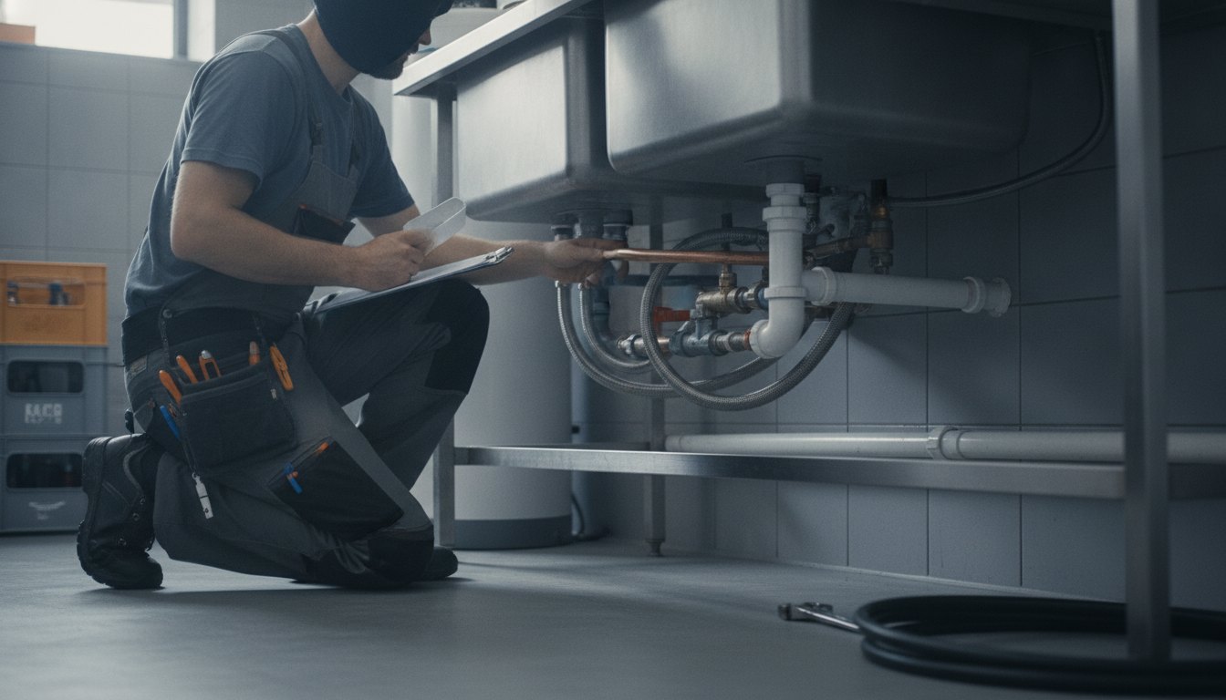 Mulher inspeciona canos de água sob uma pia de cozinha comercial com uma prancheta na mão.