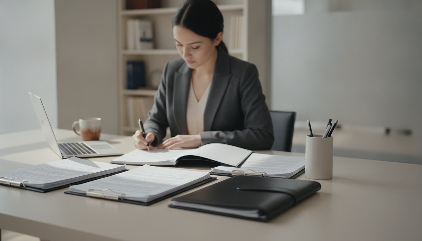 Mulher sentada à mesa assinando documentos com notebook e papéis organizados ao redor.