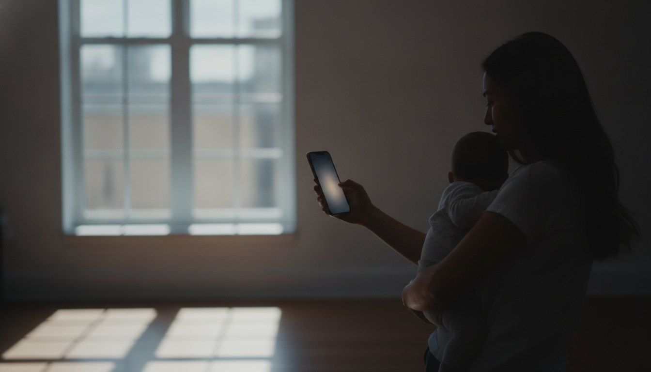 mulher segurando bebê no colo enquanto desliga a tela do telefone celular na sala escura