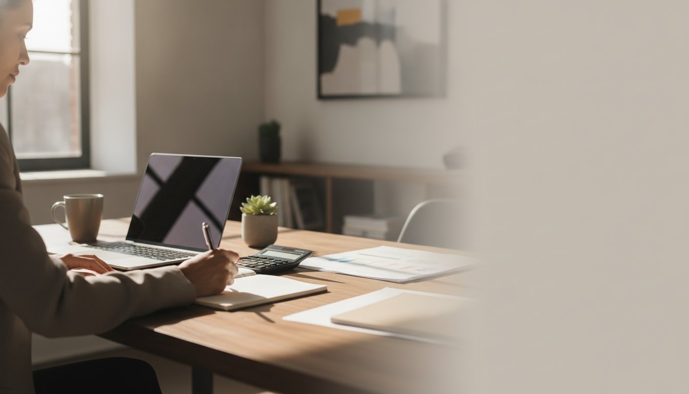 Mulher sentada à mesa com notebook e calculadora anotando valores em um caderno.