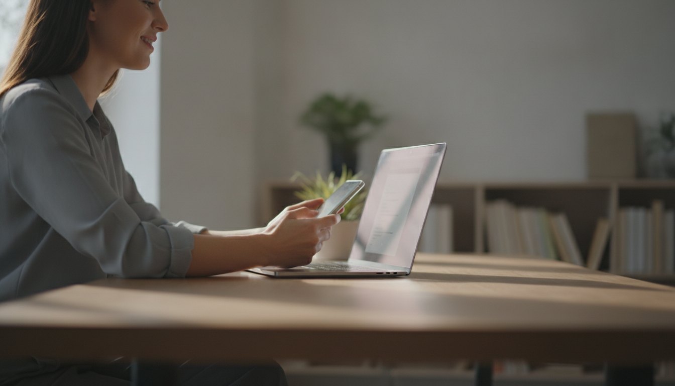 Mulher sentada à mesa trabalhando no notebook com um smartphone na mão sorrindo.