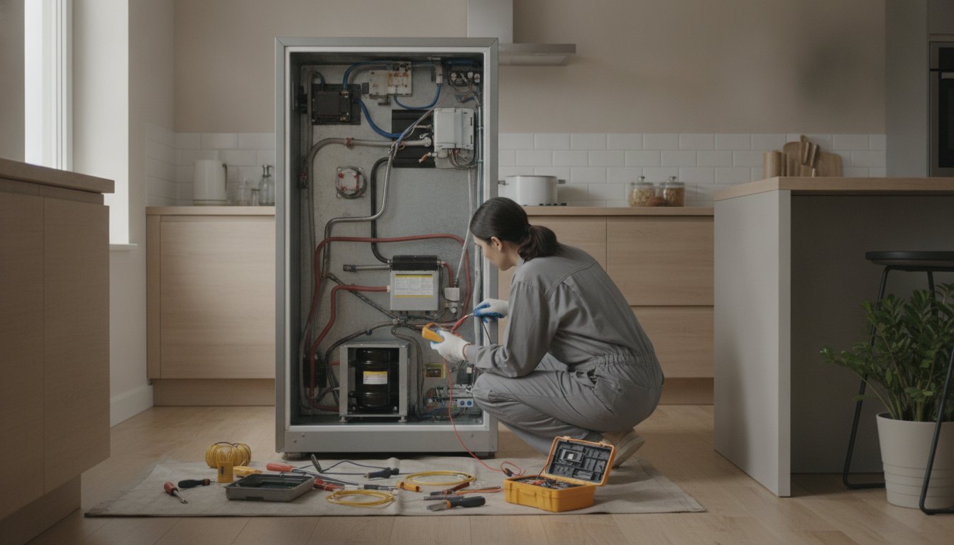 Mulher analisando o motor de uma geladeira comercial na cozinha de casa com ferramentas próximas.