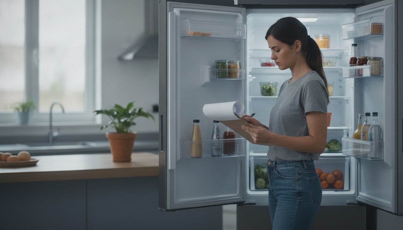 Mulher analisa orçamento em prancheta de pé ao lado de um refrigerador aberto na cozinha.