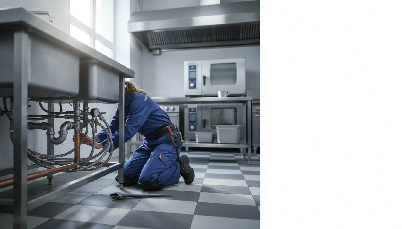 Mulher inspeciona a tubulação debaixo da pia em uma cozinha com equipamentos industriais.