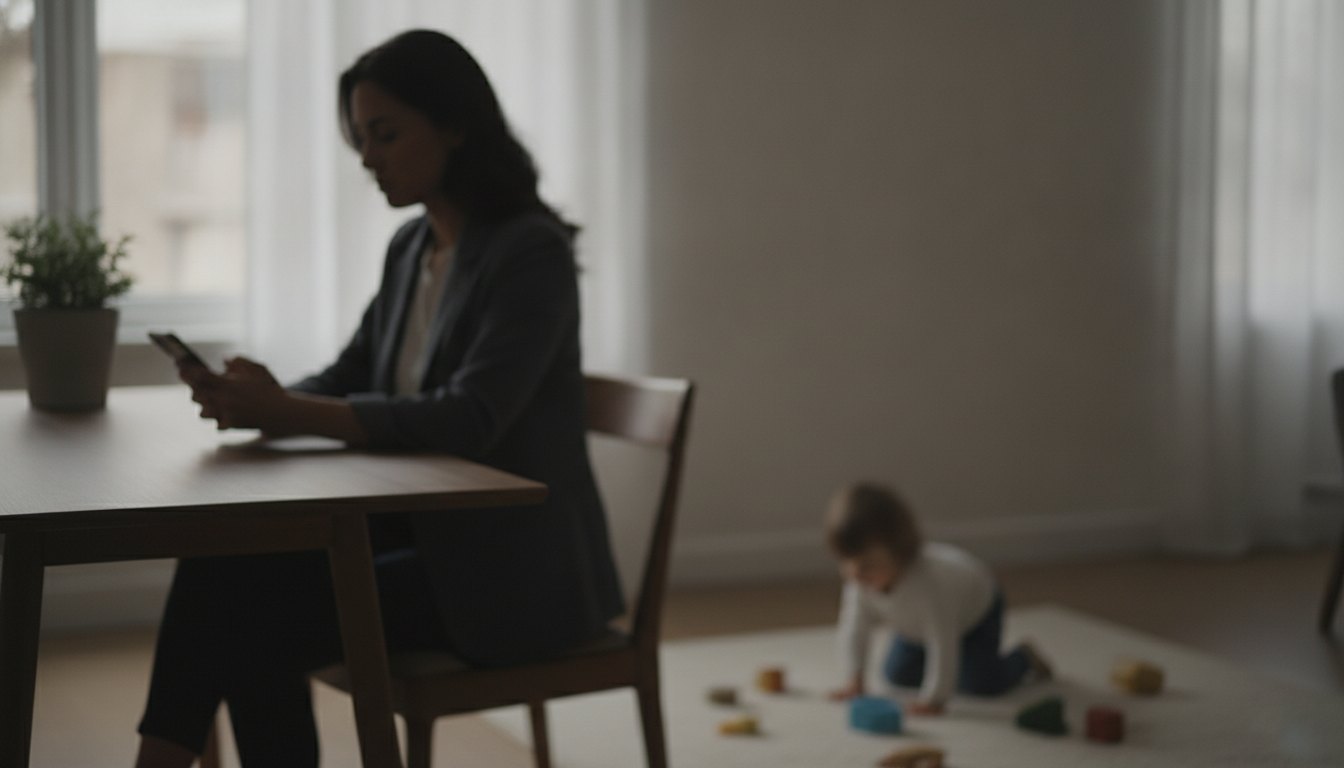 mulher sentada à mesa olhando o celular enquanto uma criança brinca no tapete ao fundo