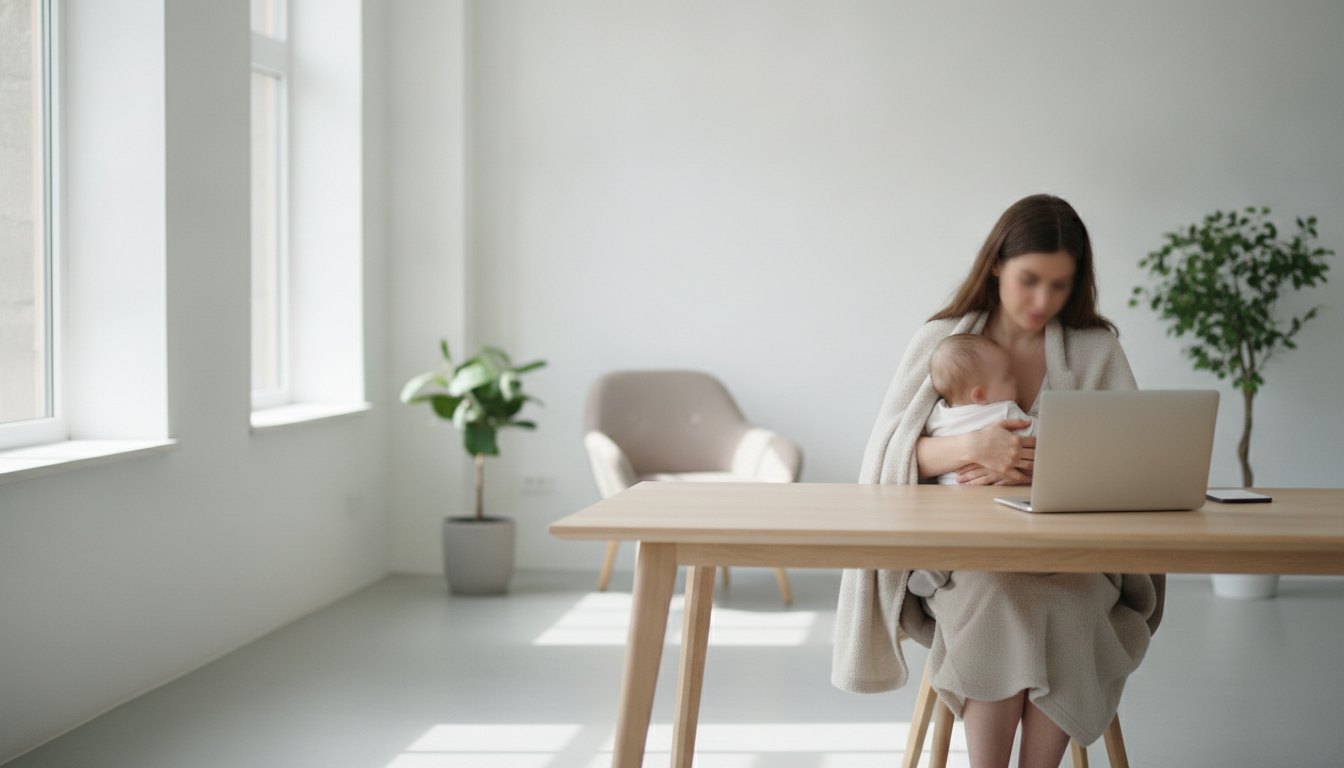 Mulher sentada diante de um notebook com um bebê no colo em escritório claro.