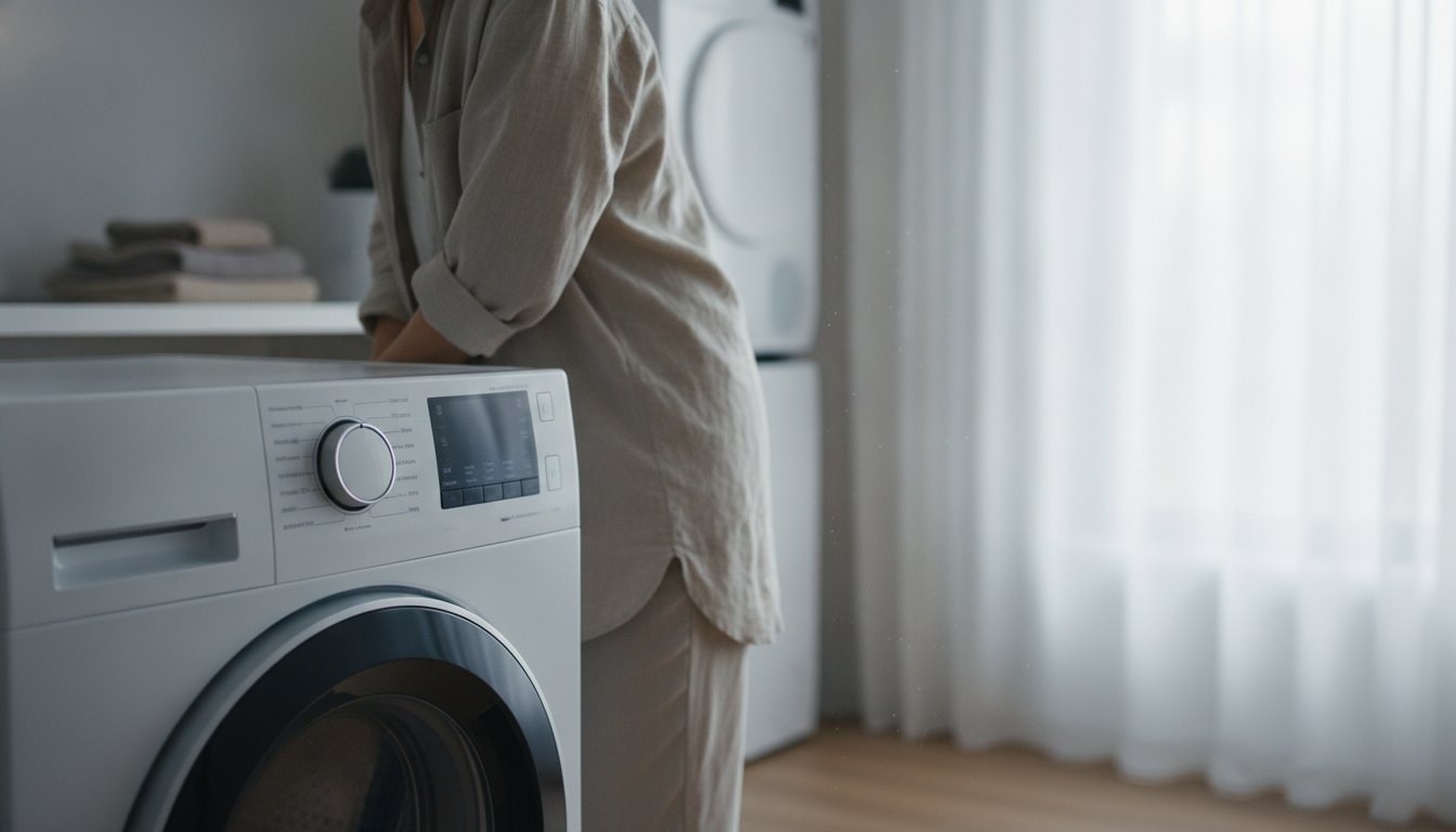 Mulher inspecionando o painel de uma máquina de lavar roupas em uma área de serviço.
