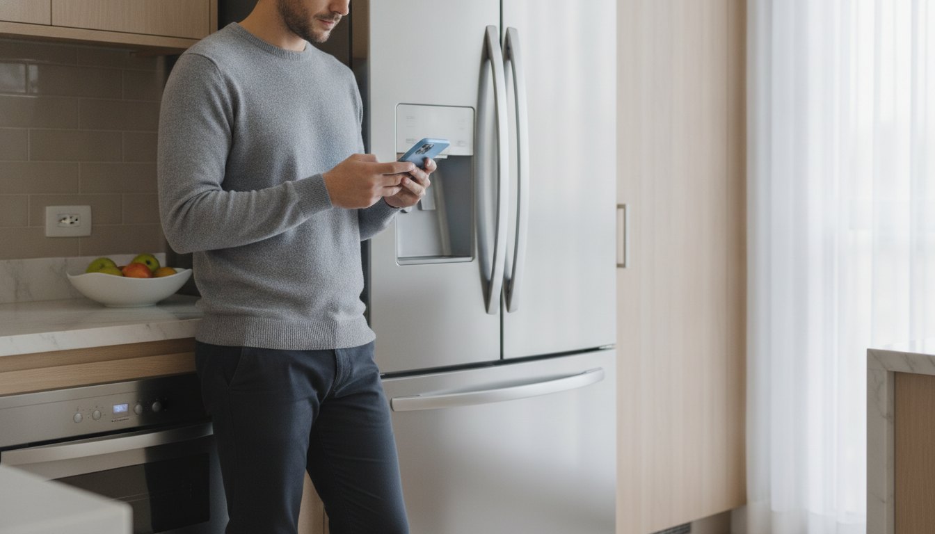 Mulher analisando a tela de um smartphone ao lado de um refrigerador em uma cozinha.