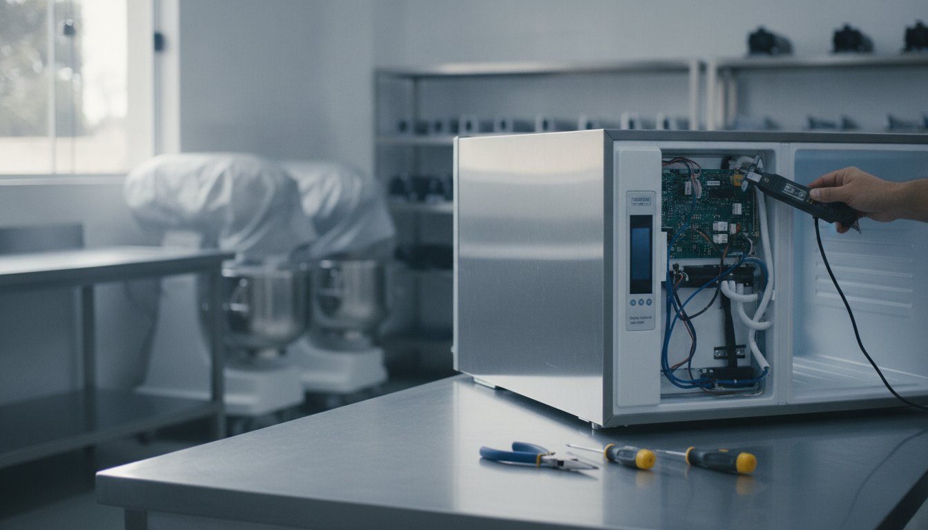 Mulher examina o painel frontal de uma geladeira com ferramentas em uma cozinha de produção.