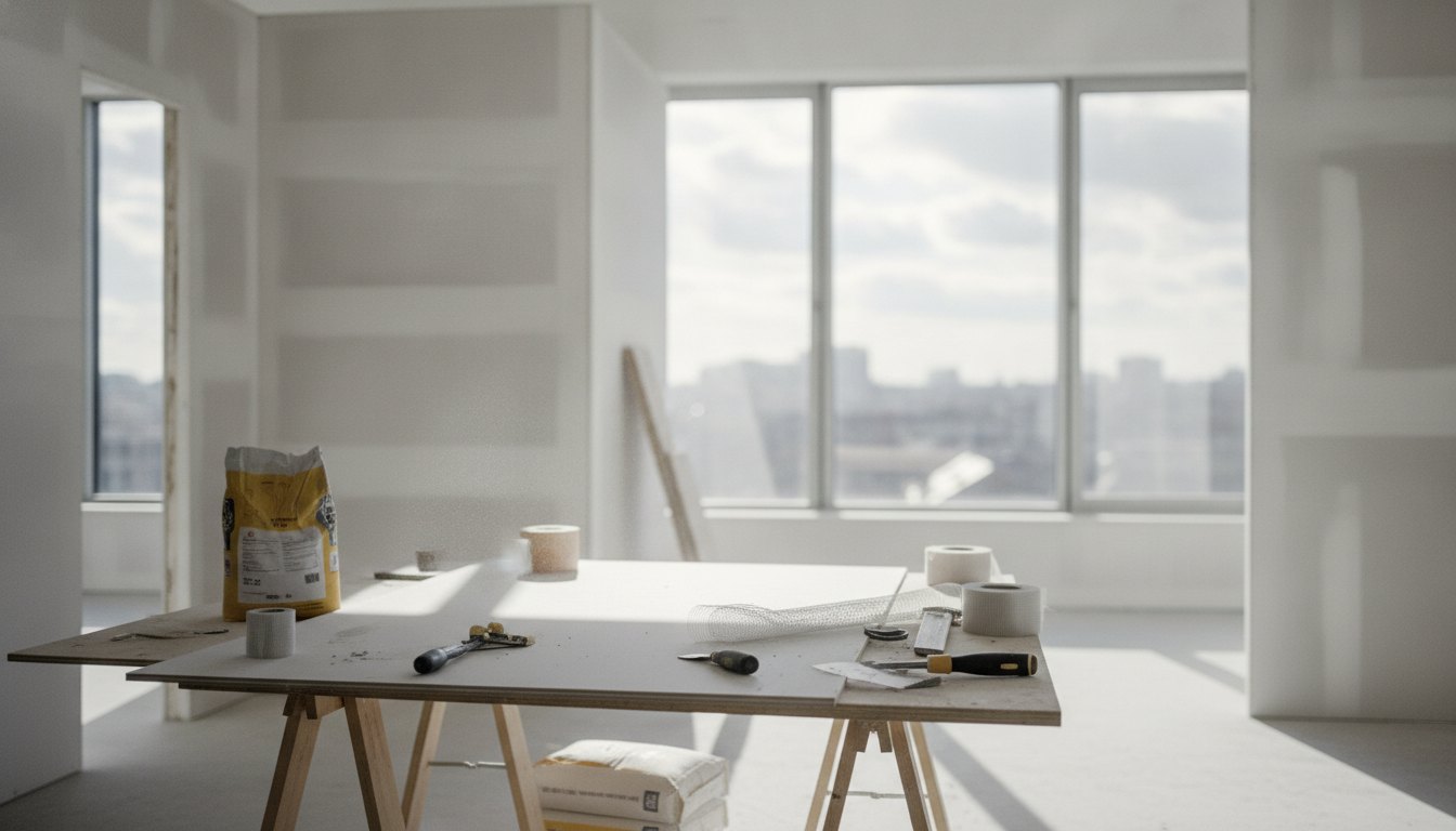 Mulher trabalhando em um ateliê com divisórias de gesso branco e janelas ao fundo.