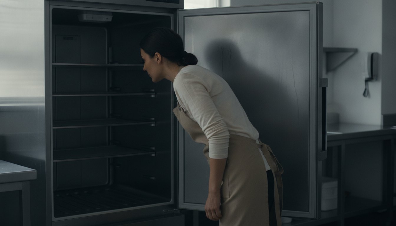 Mulher com avental observando o interior escuro de uma geladeira comercial desligada
