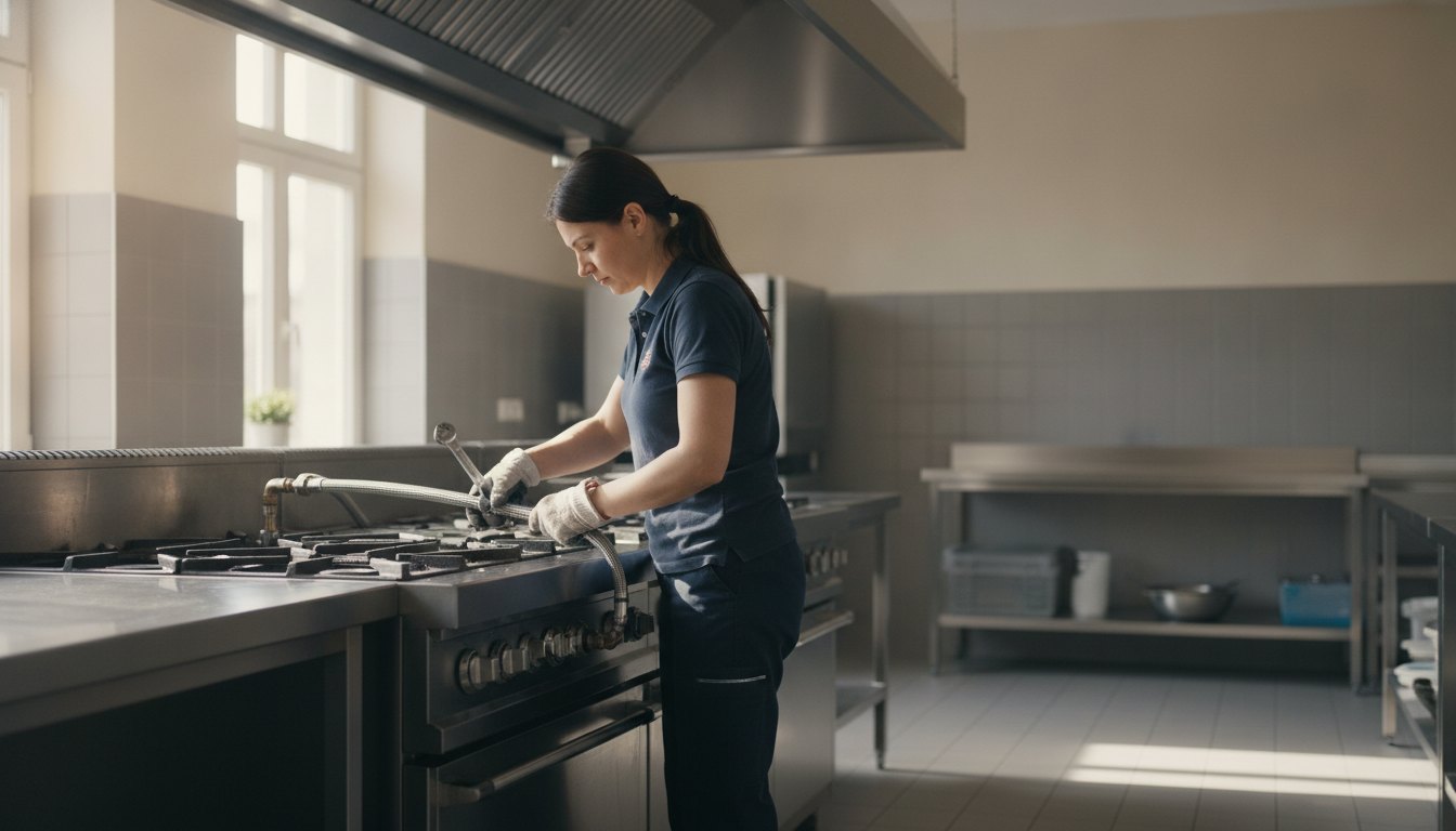Mulher ajusta a mangueira metálica de um fogão semi-industrial em uma cozinha bem iluminada.