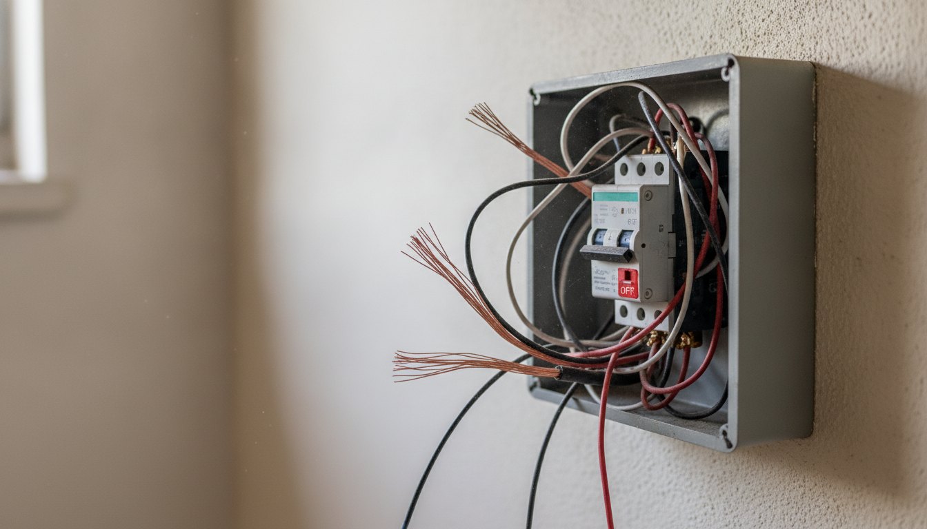 Quadro de energia residencial com um dos disjuntores desarmado e fios elétricos expostos.