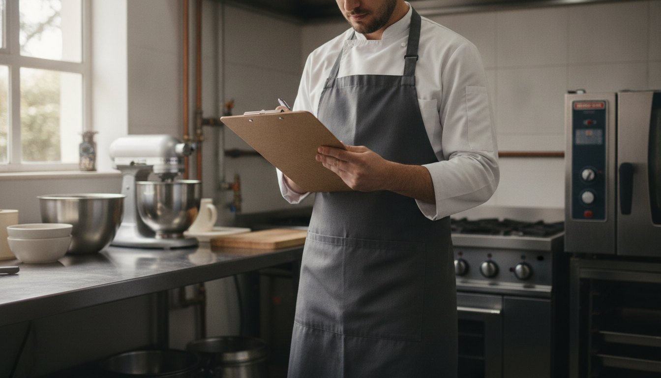 Mulher em uma cozinha comercial caseira, anotando dados de consumo em uma prancheta.