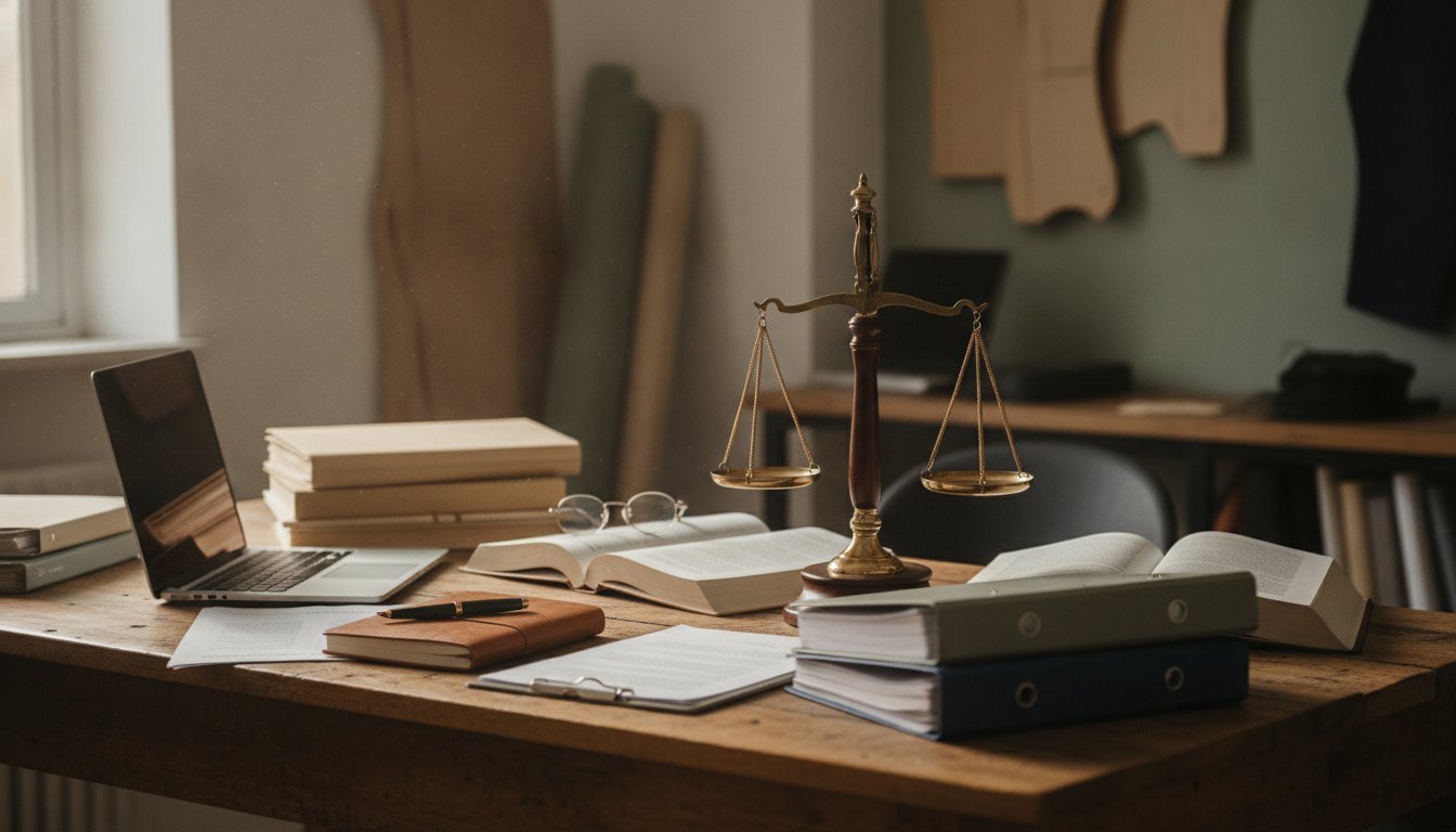 Mãe empreendedora sentada à mesa com notebook, organizando documentos e pastas em seu ateliê doméstico.