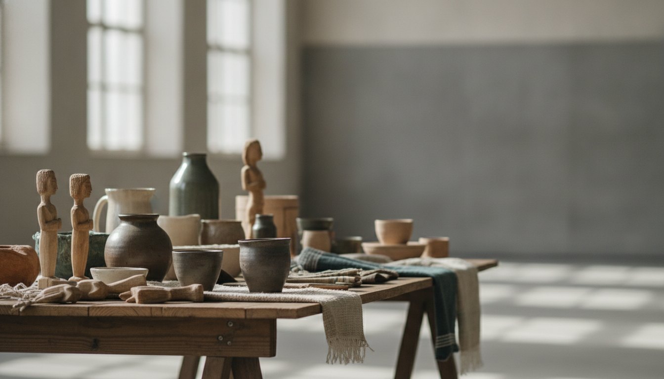 Mulher arruma produtos artesanais sobre uma mesa de madeira em um pavilhão de exposições.