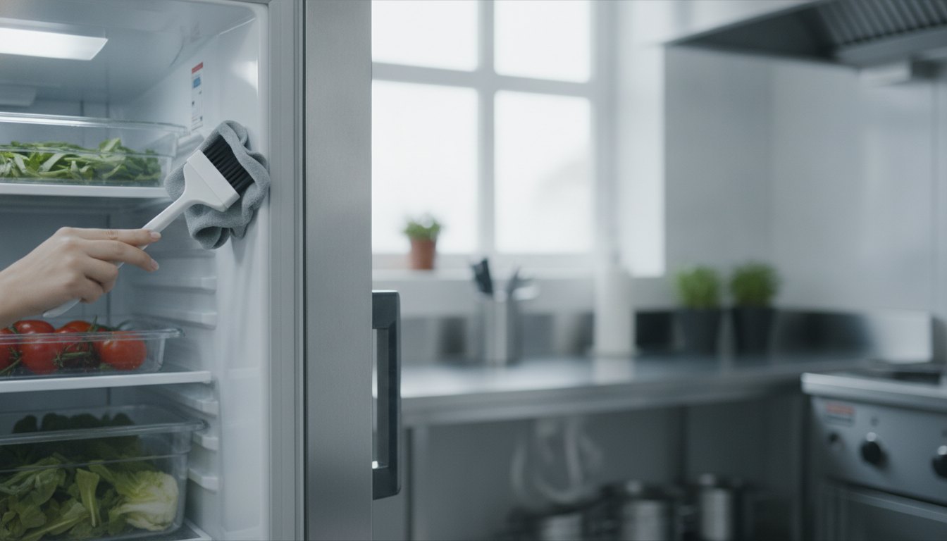 Mulher limpando a borracha de vedação de uma geladeira comercial em uma cozinha bem iluminada.