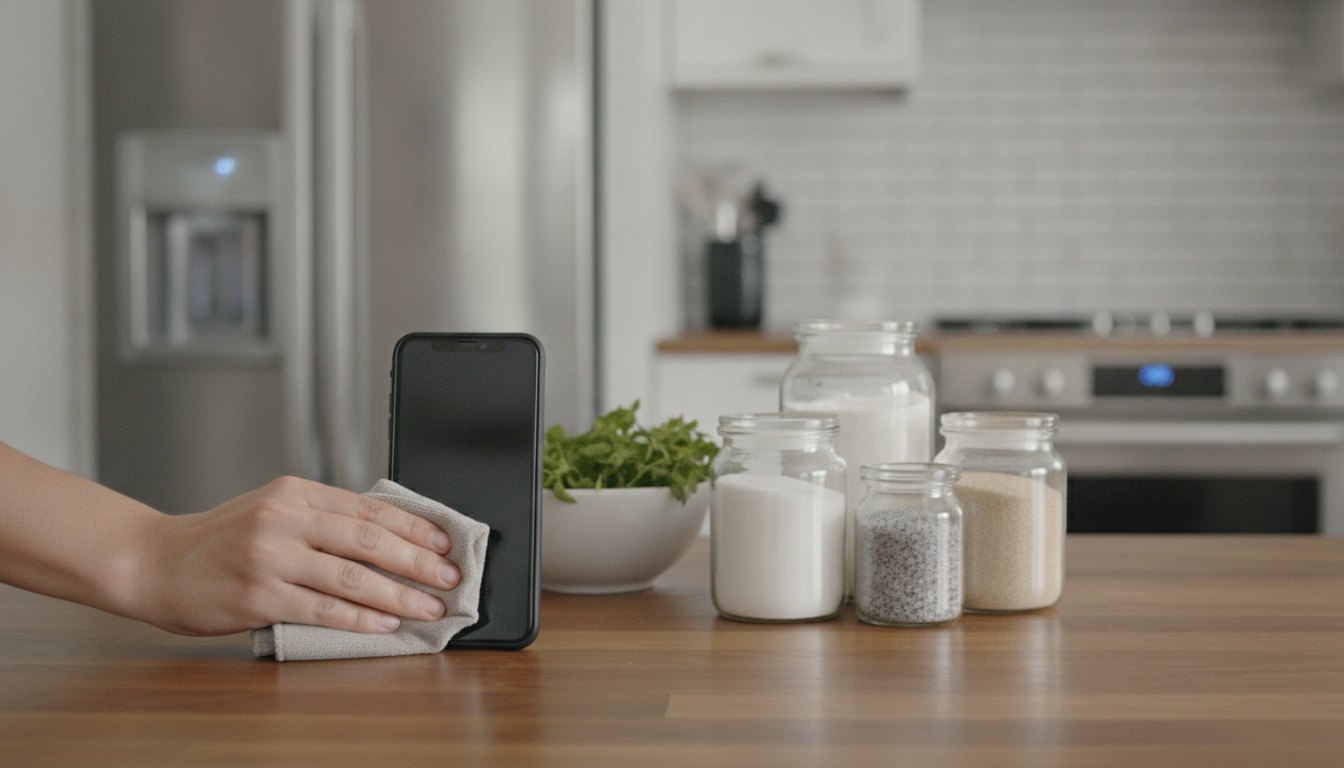 Mulher limpando a tela de um smartphone sobre uma bancada com potes de ingredientes.