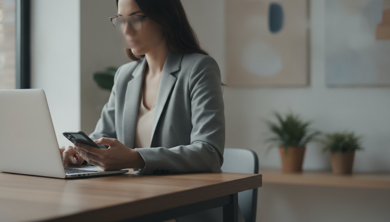 mulher sentada à mesa olhando para a tela do notebook com um celular na mão