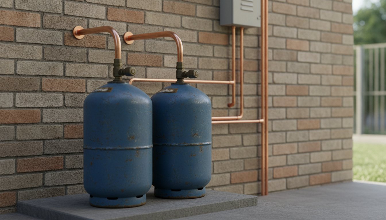 Botijões instalados em área externa ventilada com tubulação de cobre conectada à parede de alvenaria.