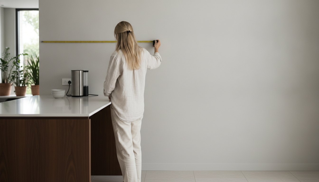 Mulher medindo o espaço da parede com fita métrica próxima a uma bancada de cozinha.