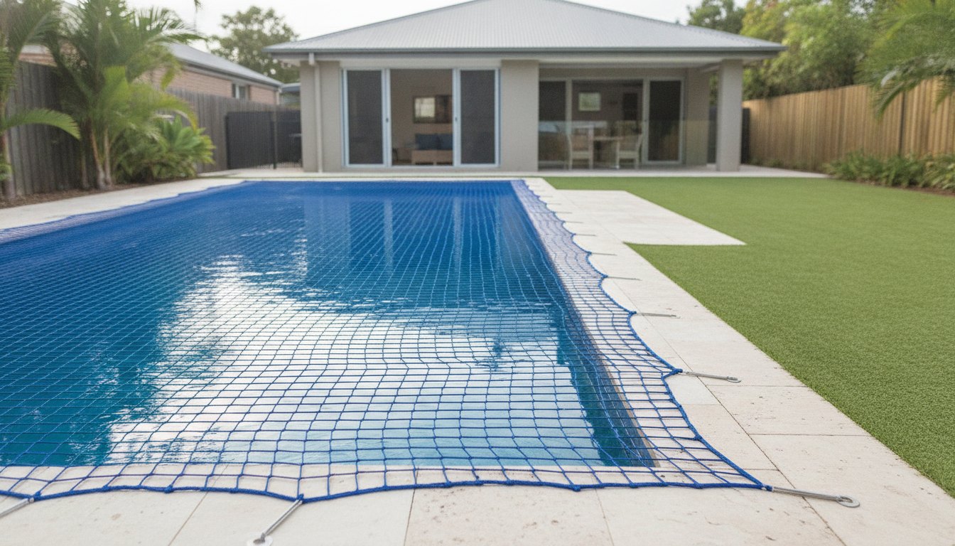 Piscina em quintal de casa coberta por uma rede de proteção azul com bordas reforçadas.
