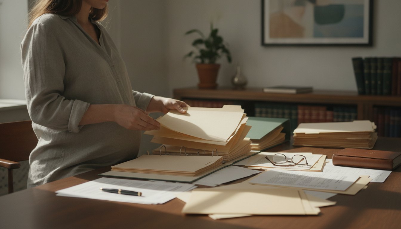 Mulher grávida sentada à mesa de um ateliê organizando documentos em pastas físicas.