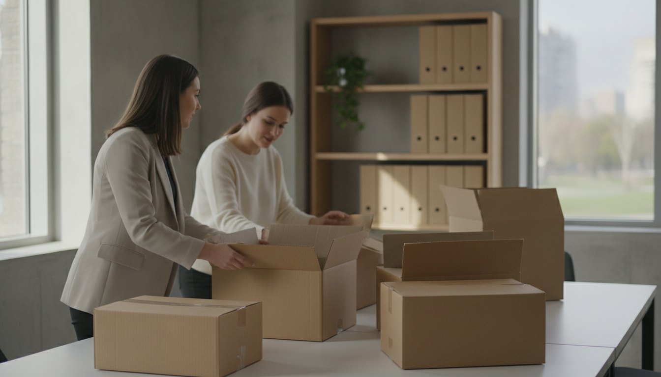 Duas mulheres conversando enquanto organizam caixas de papelão em uma mesa de trabalho.