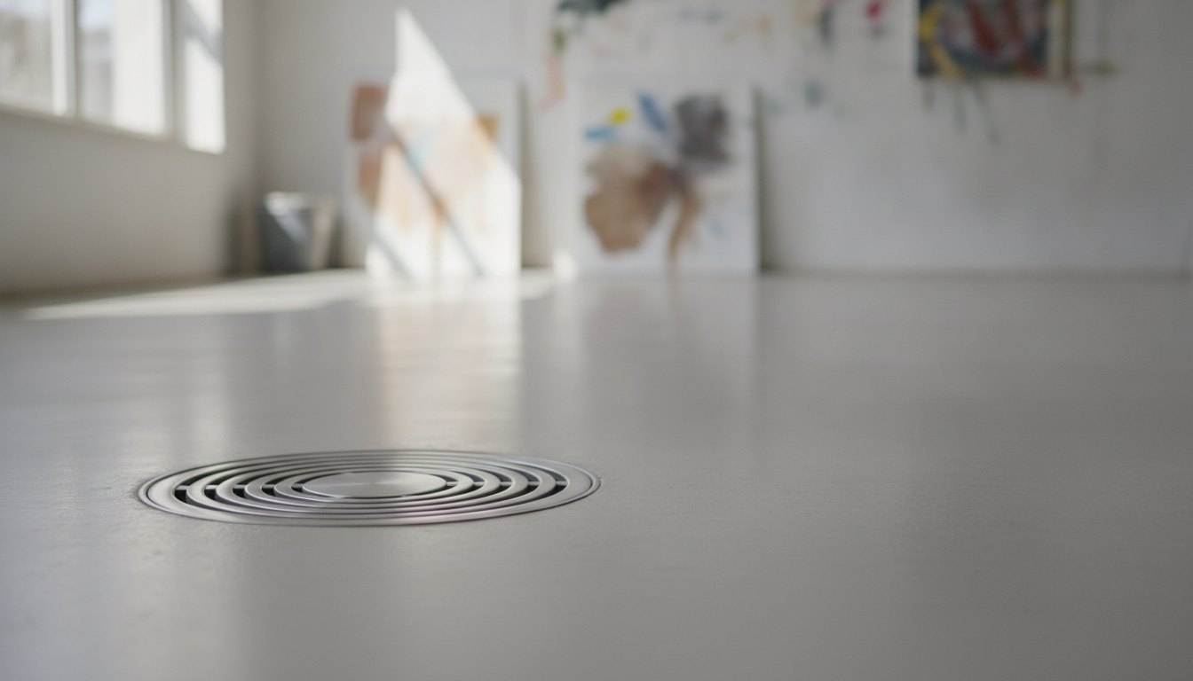 Ralo metálico circular fechado instalado no piso claro e limpo de um ateliê de produção.
