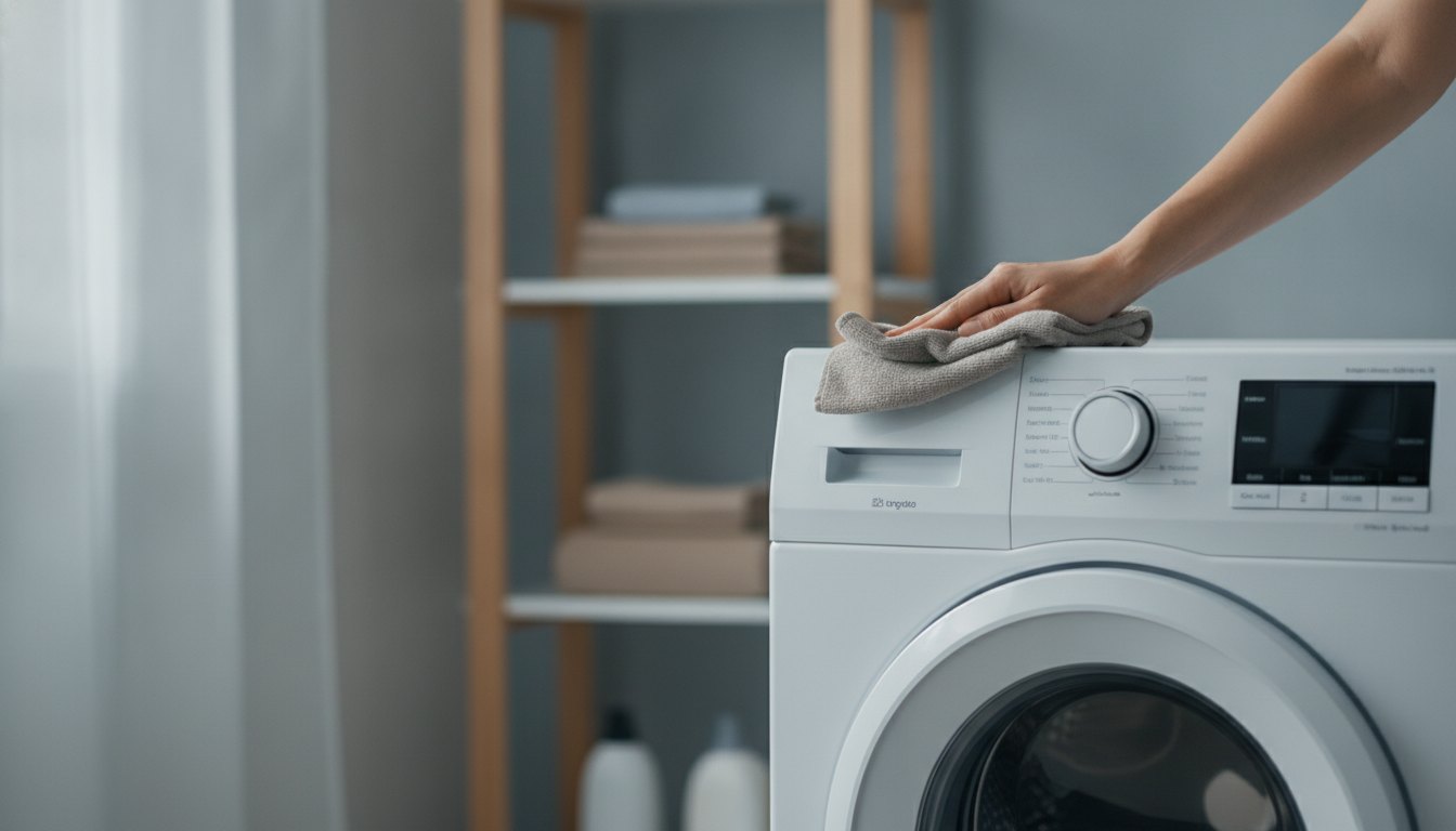 Mulher limpa o painel digital de uma máquina de lavar roupas no ambiente de trabalho caseiro.