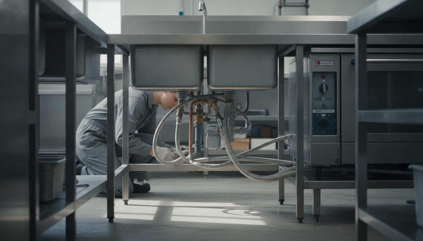 Mulher inspeciona as conexões debaixo da pia de uma cozinha equipada com forno industrial.