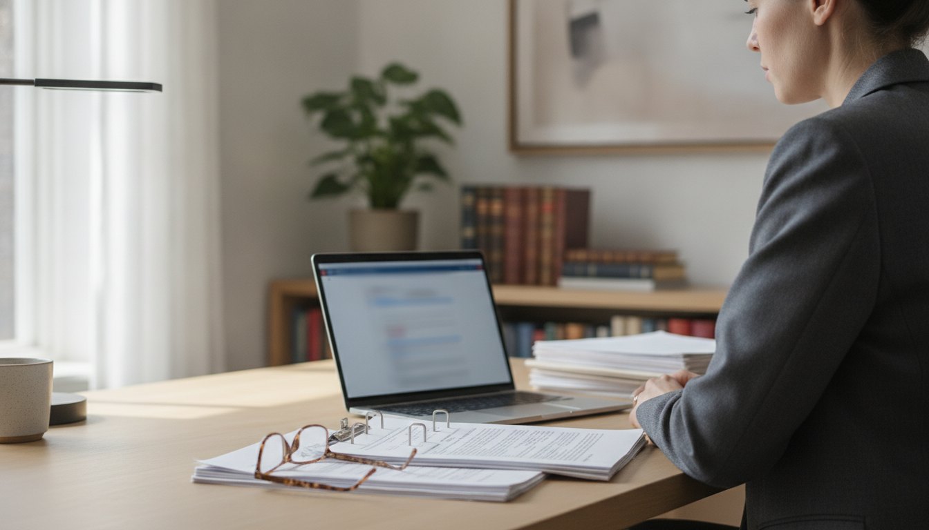 Mulher sentada à mesa do escritório caseiro analisando documentos ao lado de um computador portátil.