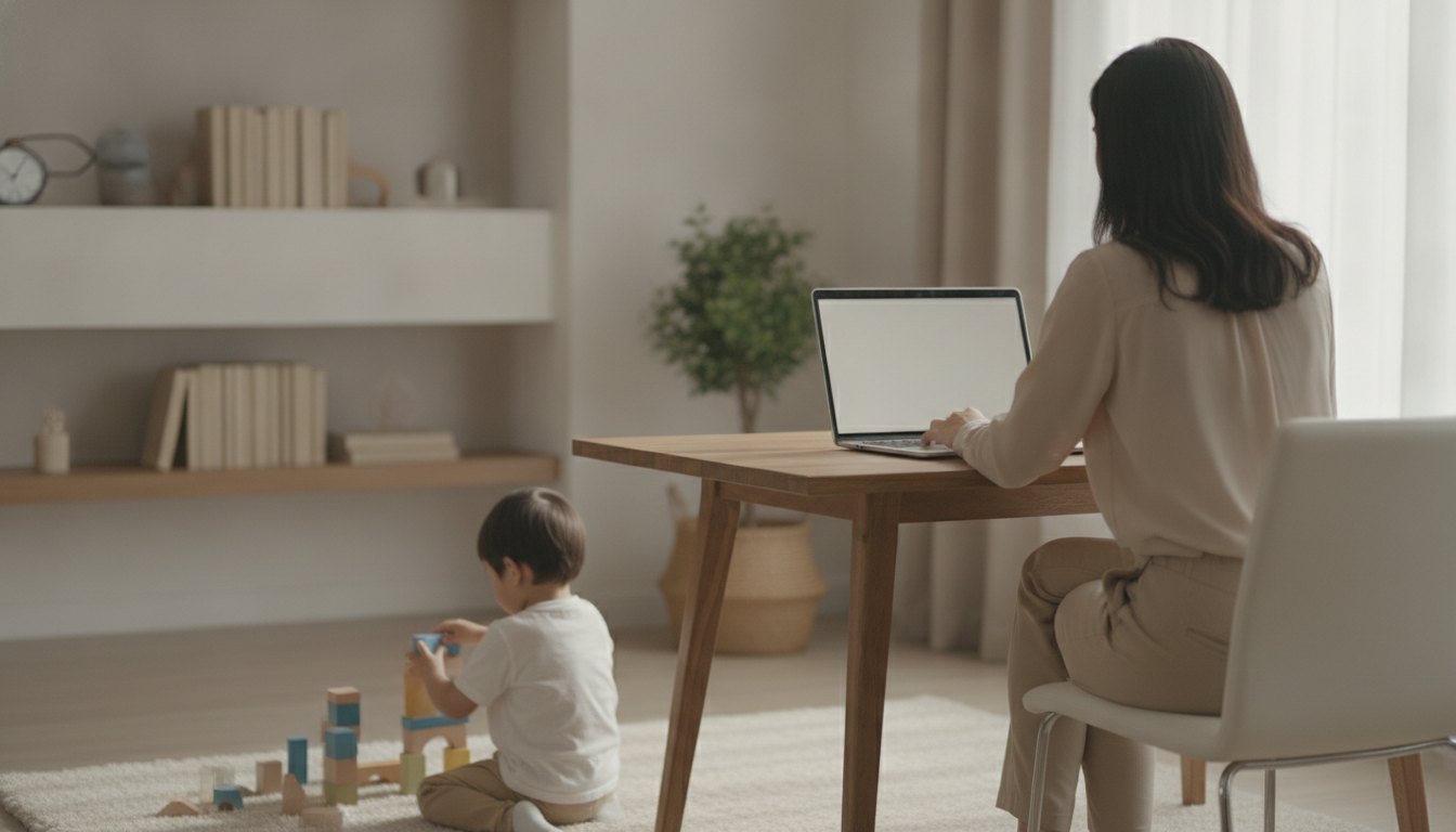 Mulher sentada à mesa com notebook aberto enquanto uma criança brinca com blocos ao lado.