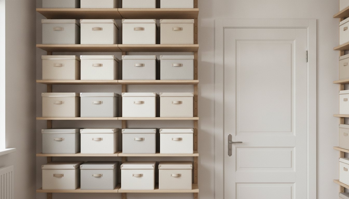 Estantes de madeira montadas em um quarto claro com caixas organizadoras padronizadas e porta fechada.