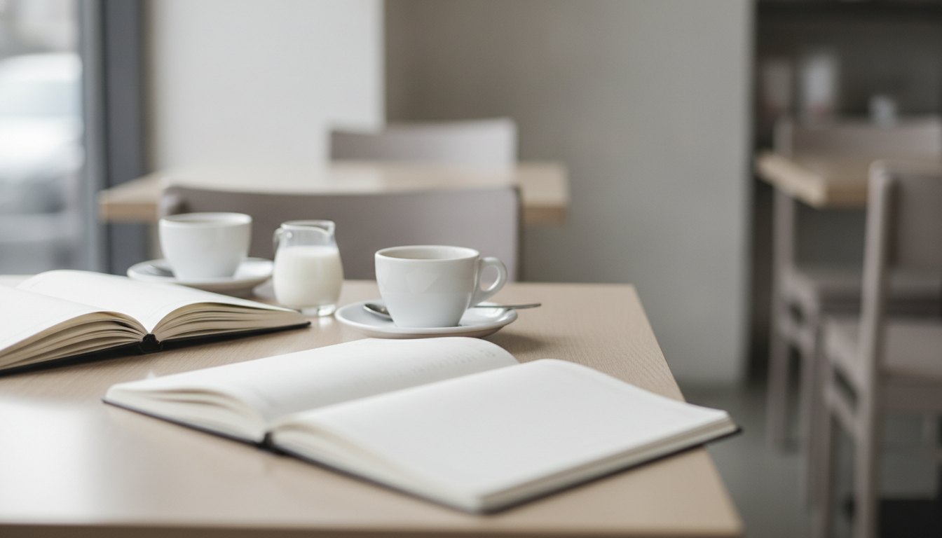 Duas mulheres conversando sorridentes em uma mesa de cafeteria com cadernos e xícaras de café.