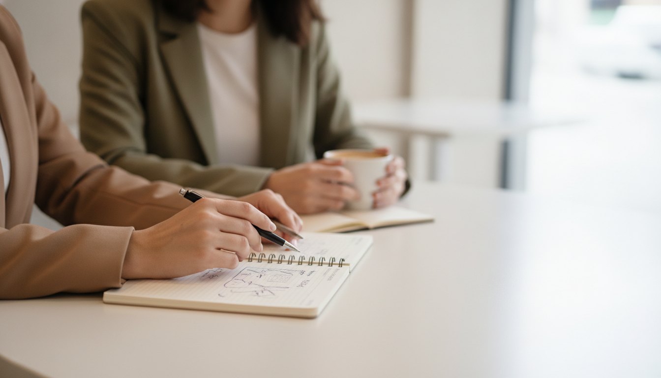 Duas mulheres sorridentes sentadas em uma mesa de cafeteria analisando anotações em um caderno aberto.