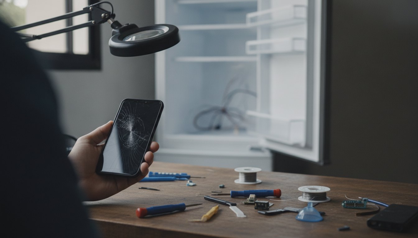 Mulher observa a tela de um smartphone quebrado enquanto examina ferramentas de reparo sobre a mesa.