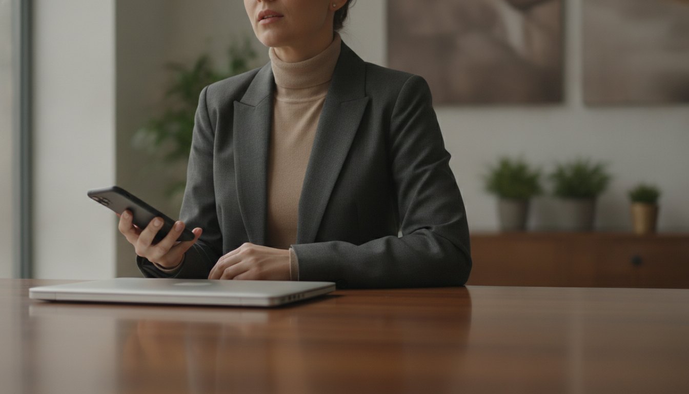 Mulher sentada à mesa com notebook e celular, conversando com expressão séria e atenta.