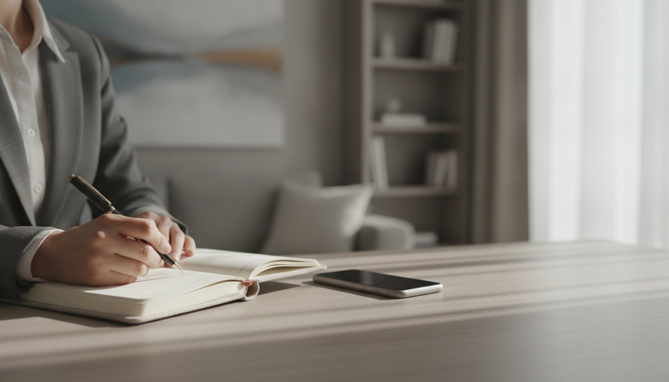 Mulher sentada à mesa da sala anotando em um caderno com um celular ao lado.