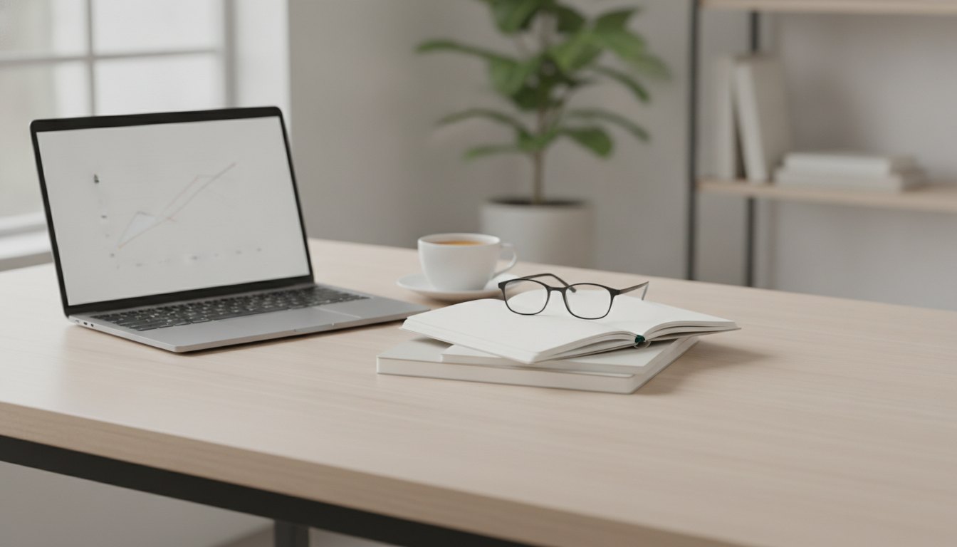 Mulher sentada à mesa com um notebook aberto e cadernos ao lado de uma xícara.