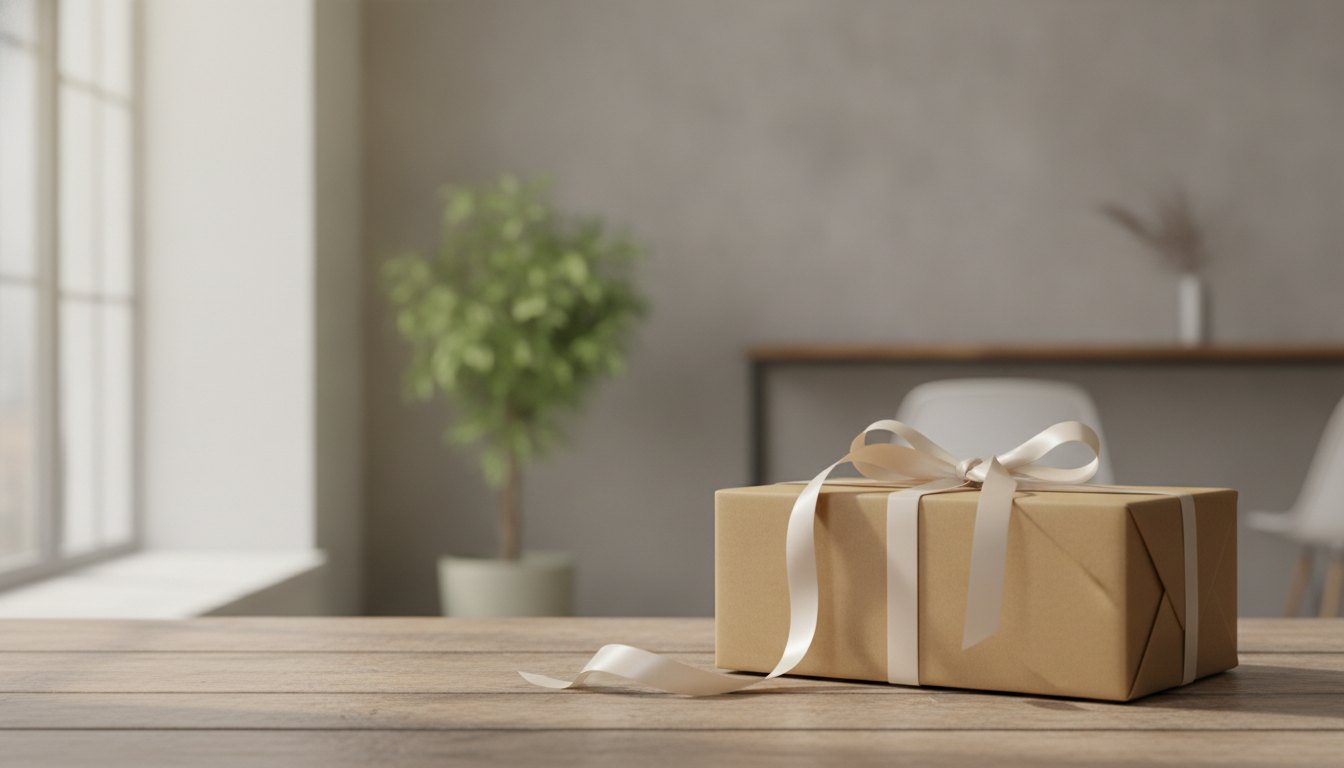 Mulher amarrando uma fita de cetim em uma caixa de papel pardo sobre a mesa.