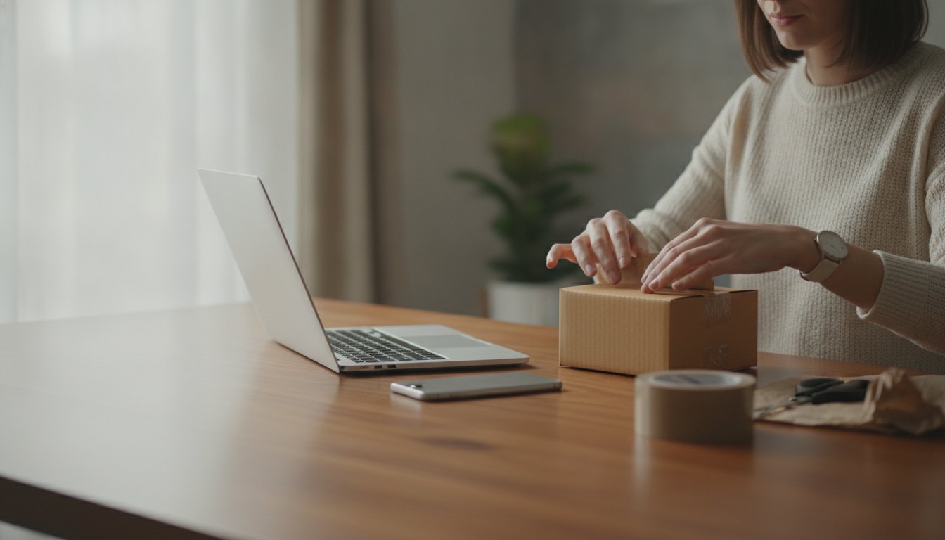 Mulher sentada à mesa com um notebook e um celular, embalando uma pequena caixa de papelão.