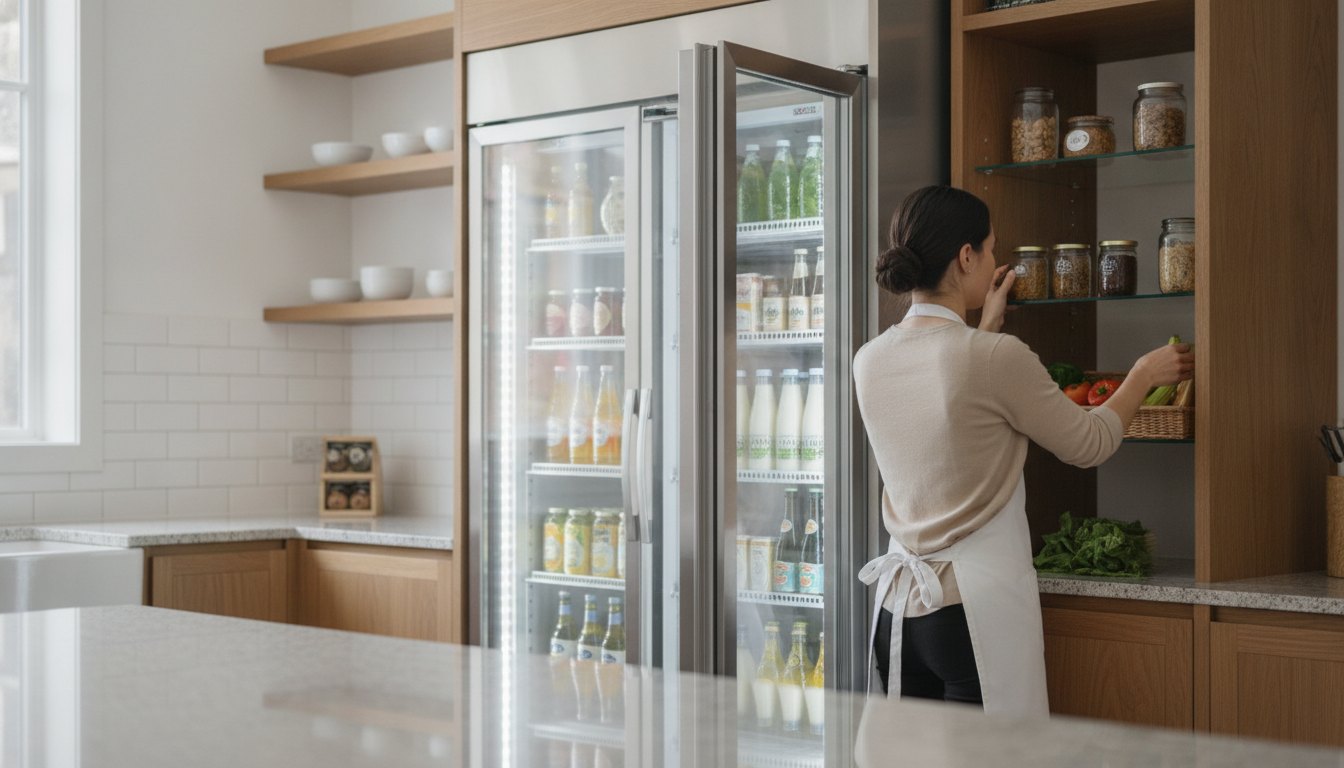 Mulher organizando prateleiras ao lado de um expositor comercial refrigerado em uma cozinha bem iluminada.