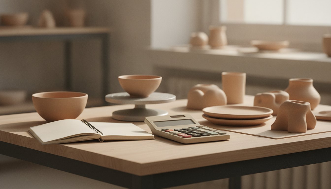 Mulher sentada à mesa com calculadora, caderno de anotações e peças de cerâmica em produção.