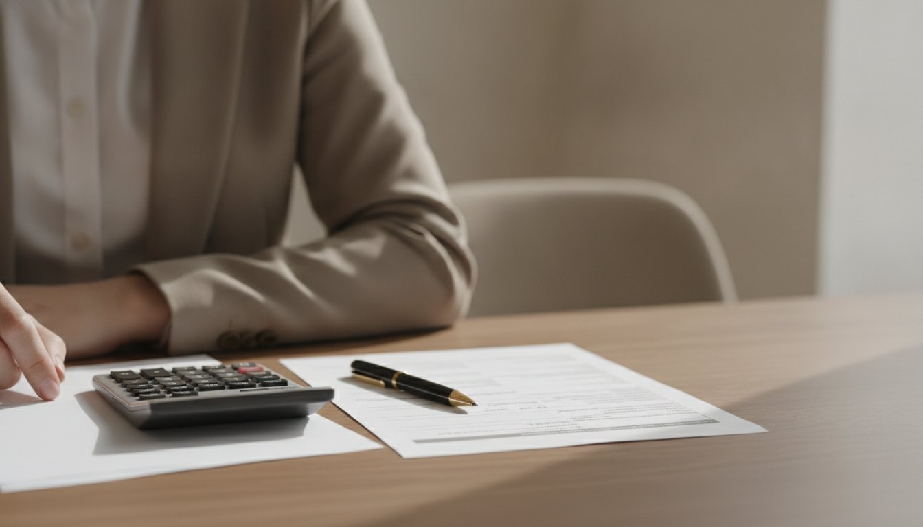 mulher sentada à mesa com papéis calculadora e caneta preenchendo um formulário impresso